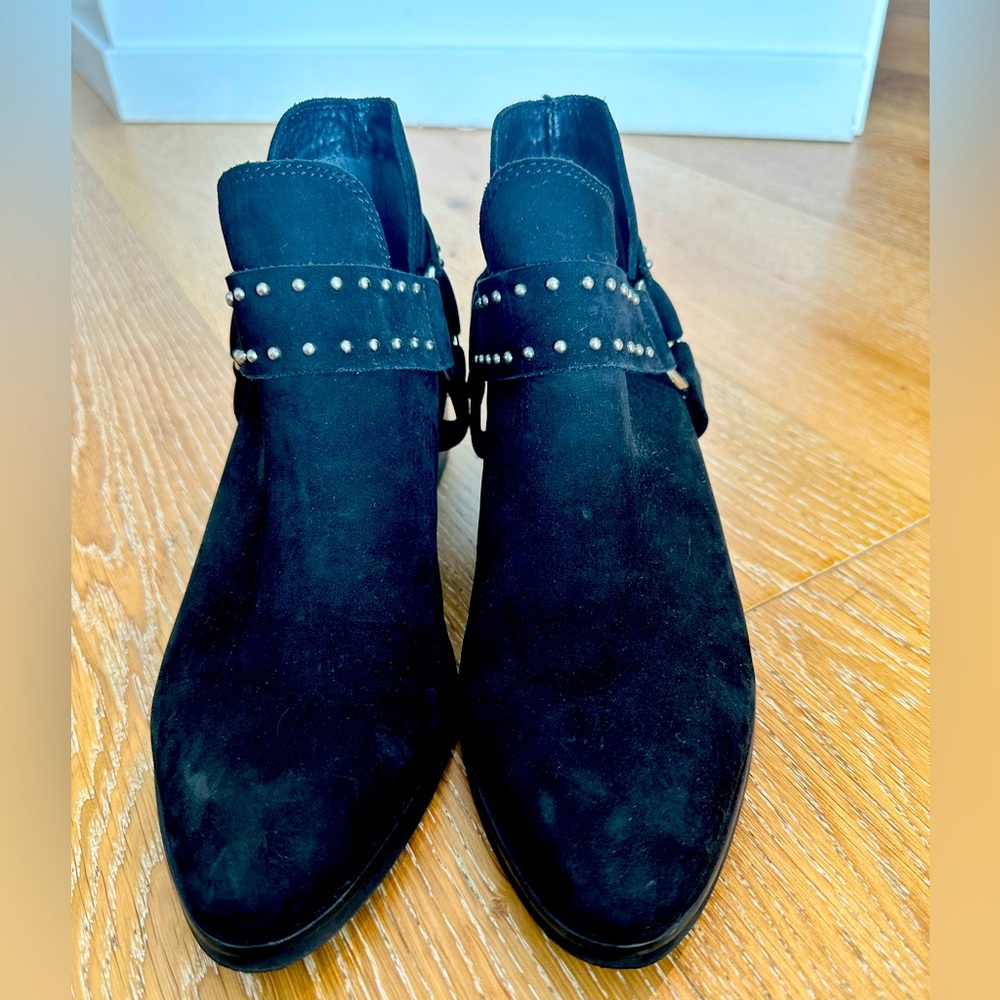 Black suede booties with stud trim